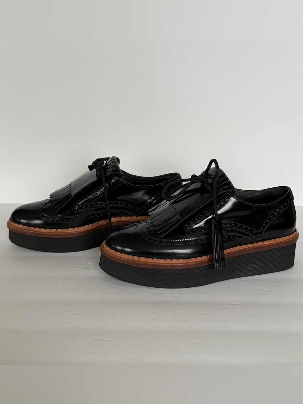 Tod's Gomma T50 Platform Wingtip Oxford Kiltie Shoes Black EU 37.5